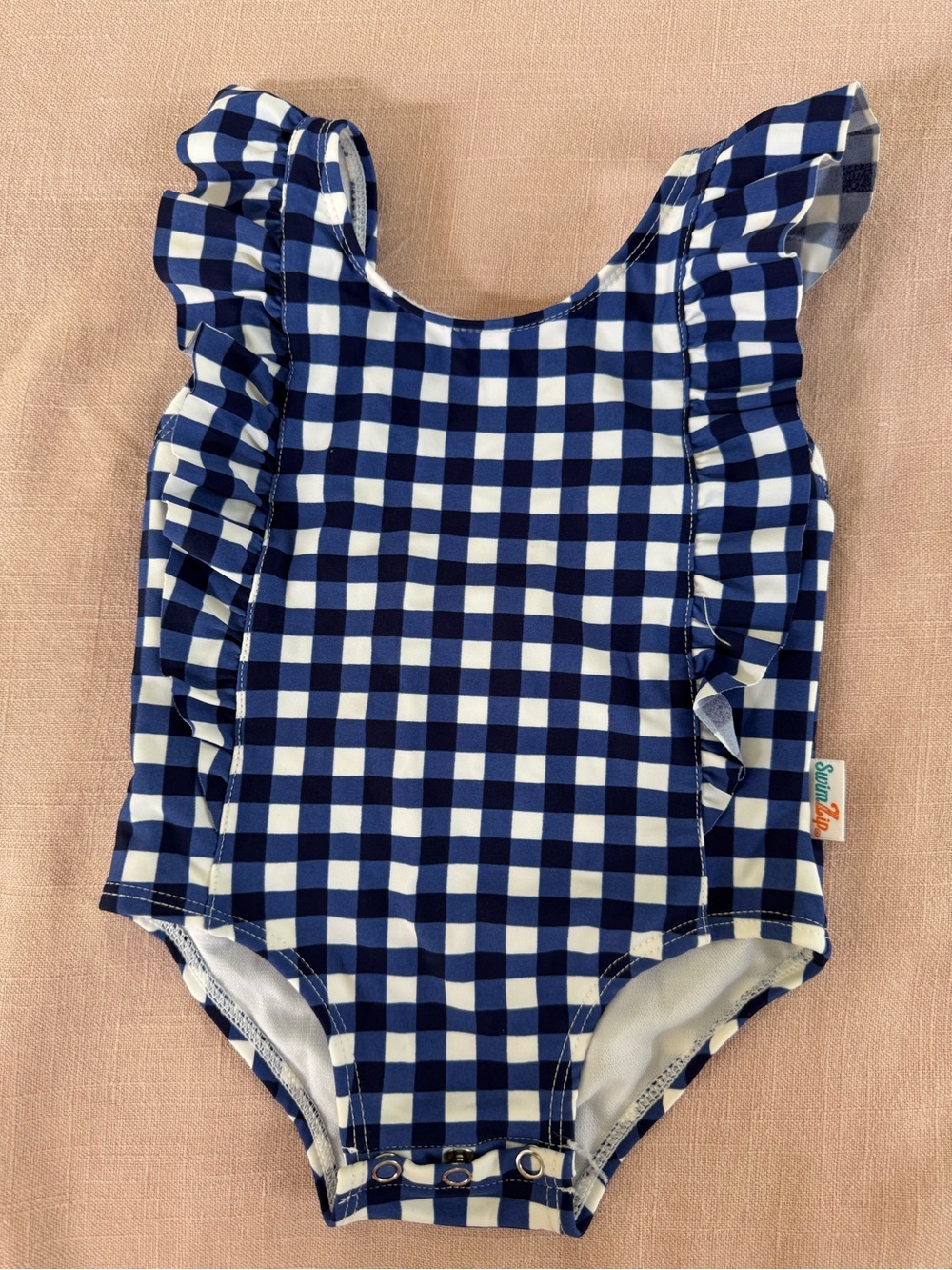 Swim zip Blue Navy Gingham plaid Ruffle baby One-Piece Swimsuit